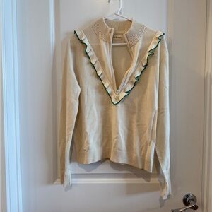 Tory Sport Cream V-Neck Sweater with Green Trim Size S